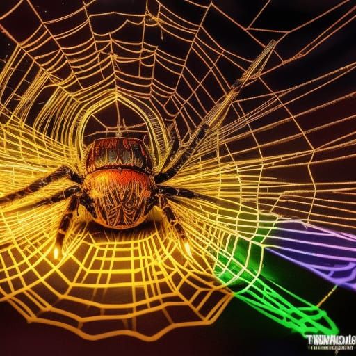Steampunk Spider on Neon Web in Dark Concept Art