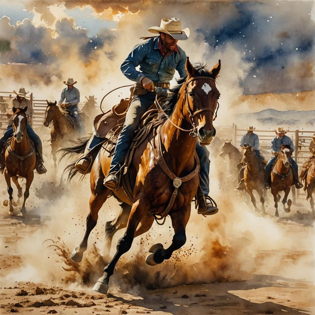 Cowboy Rides Bucking Horse in Rodeo, Watercolor