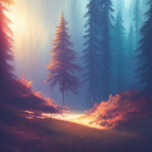 Autumn Forest with Stars in Anime Art Style