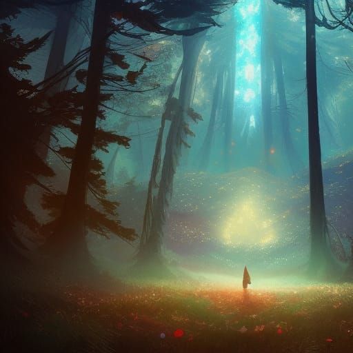 Luminous Autumn Forest River in Anime Style