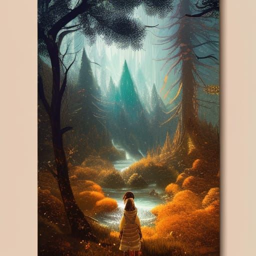 Autumn Forest with River and Stars in Anime Style