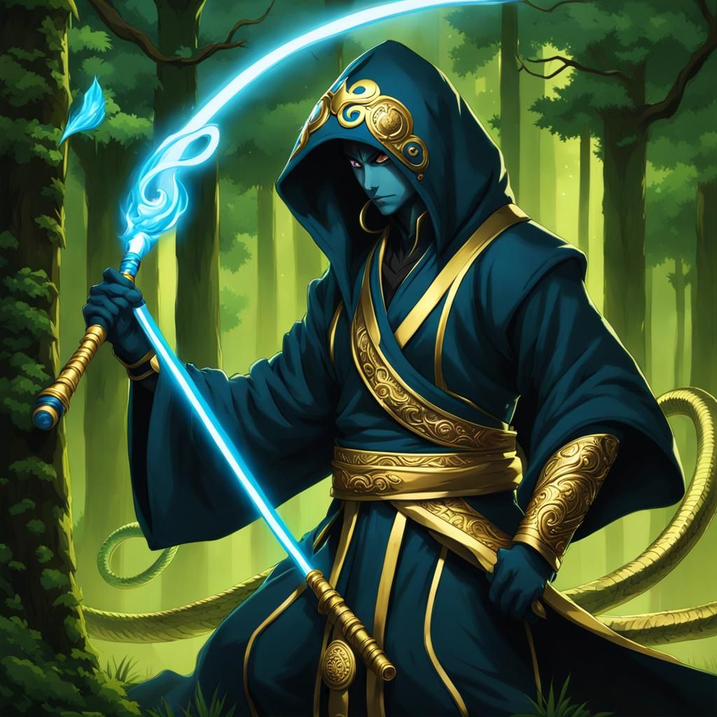 Yuan-Ti Warrior with Golden Staff in Forest