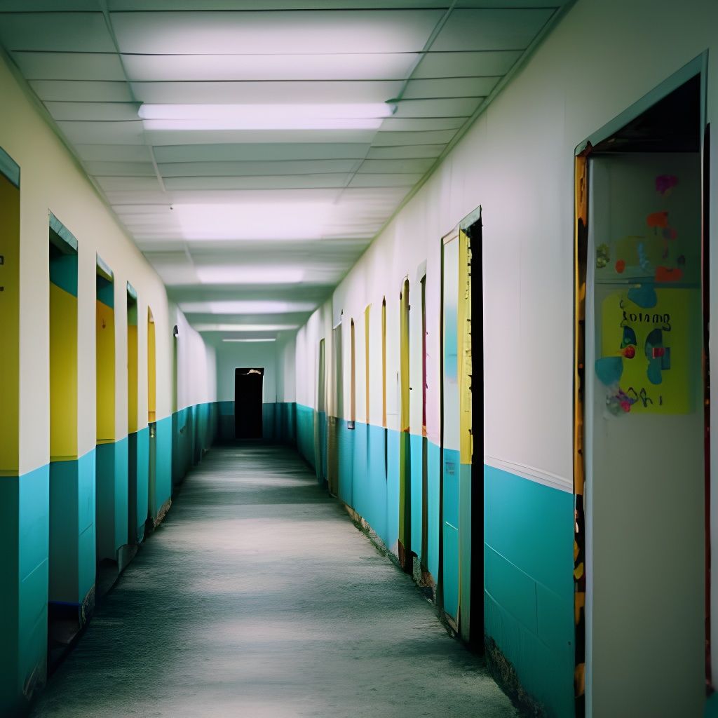 Eerie Abandoned School Corridor in Azure and White