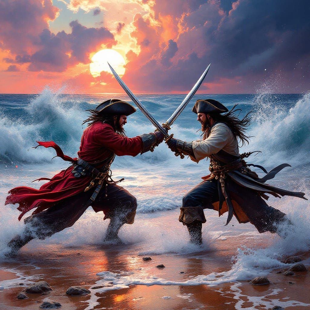 Pirates Engage in Fierce Swordfight Under Stormy Sunset