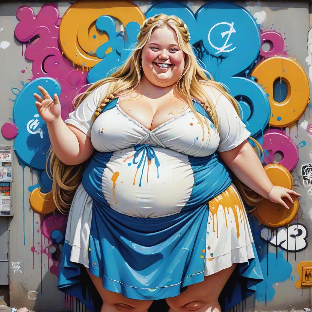Obese French Girl in Roman Dress as Graffiti Art