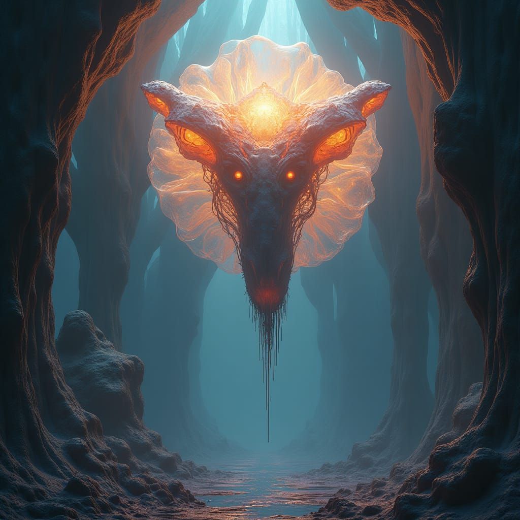 Mysterious Glowing Entity in Surreal Biomechanical Realm