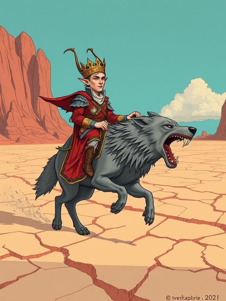 Elven Prince Rides Surreal Grey Wolf in Lavish Style