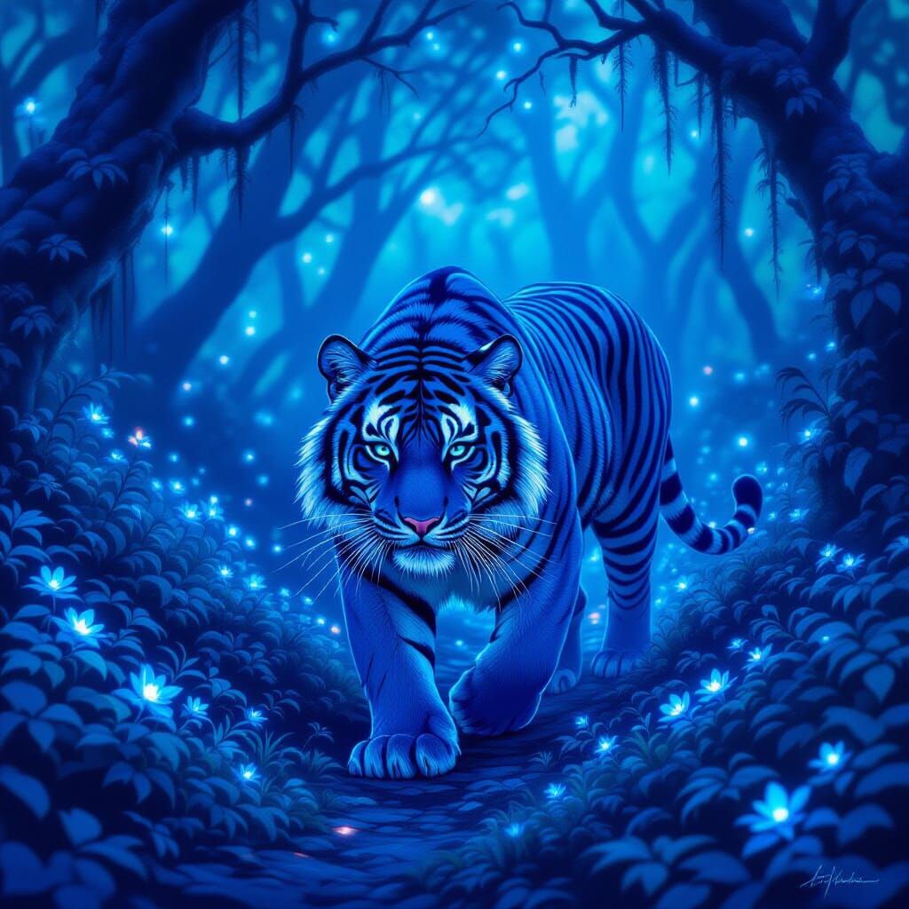 Blue Tiger in Enchanting Bioluminescent Forest