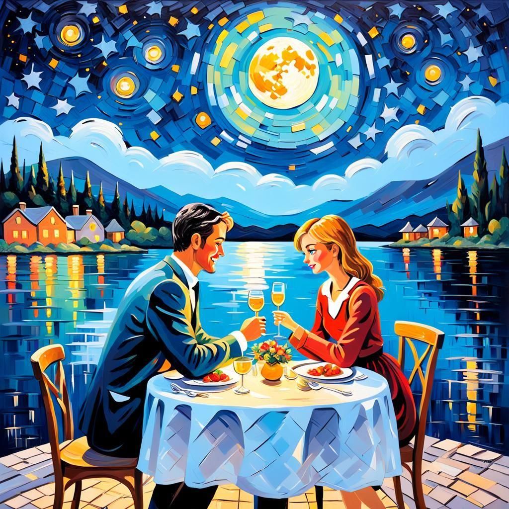 Romantic Dinner with a View: Neo-Impressionist Oil Painting