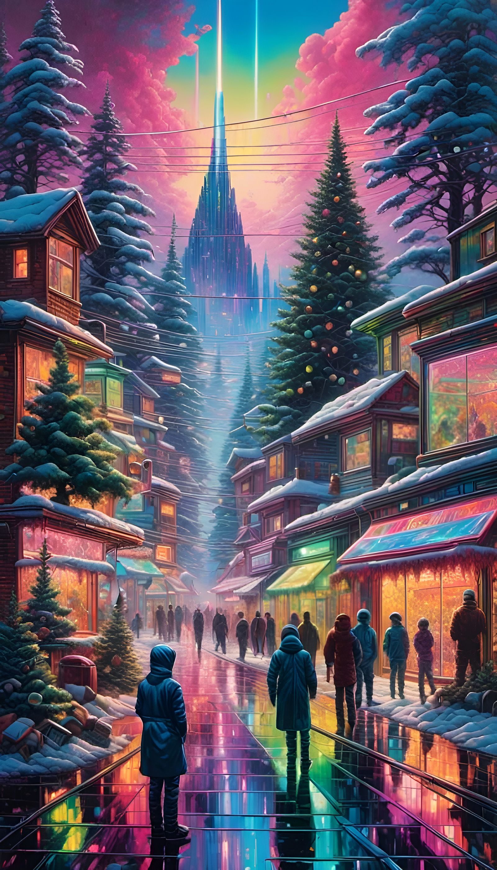 Synthwave Christmas Village with Iridescent Lights