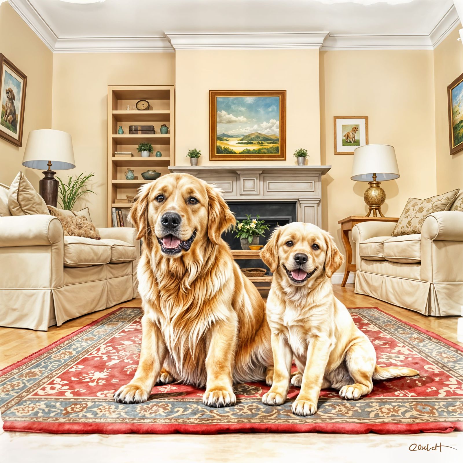 Elderly Golden Retriever With Puppy In Cozy Living Room