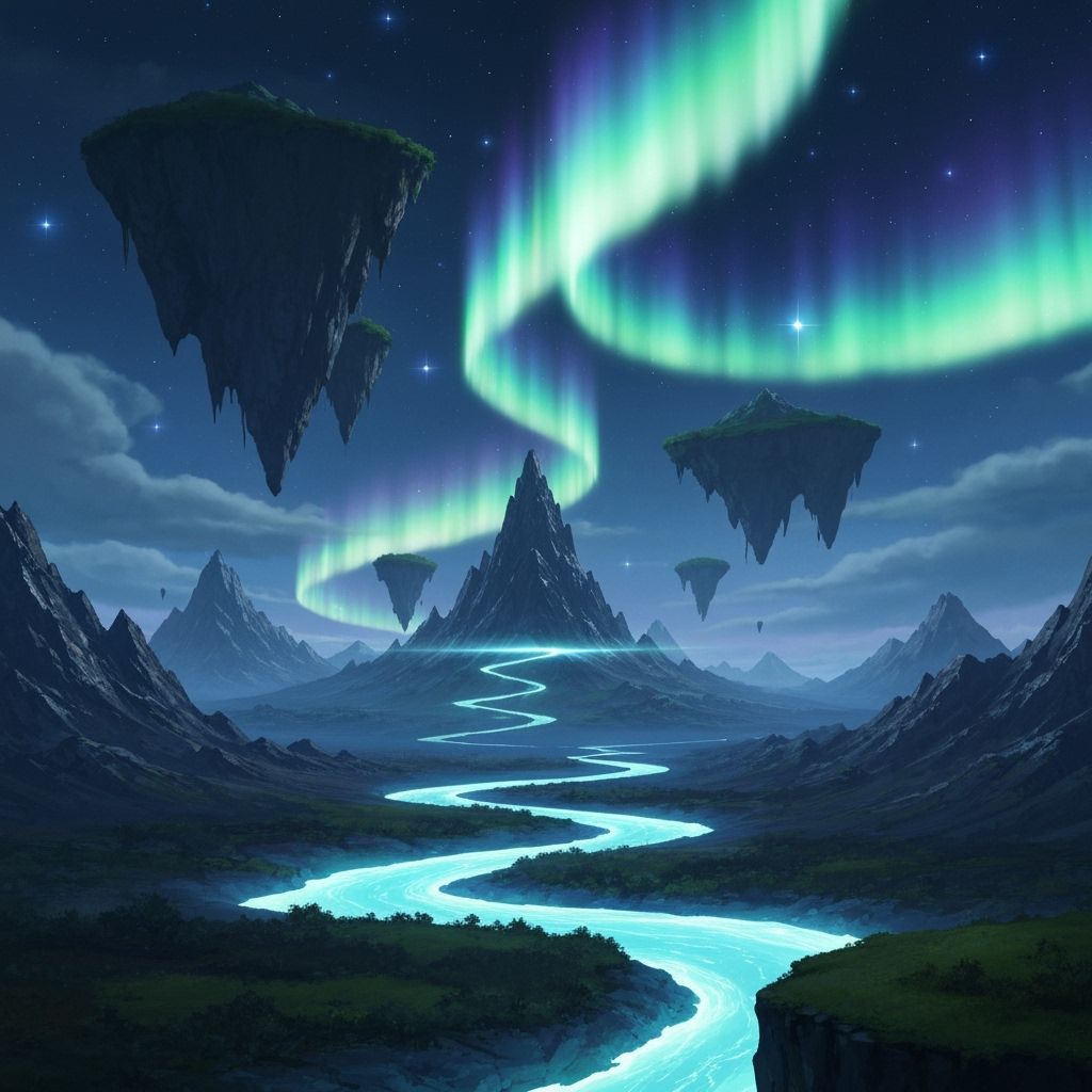 Fantasy Landscape with Floating Mountains and Auroras