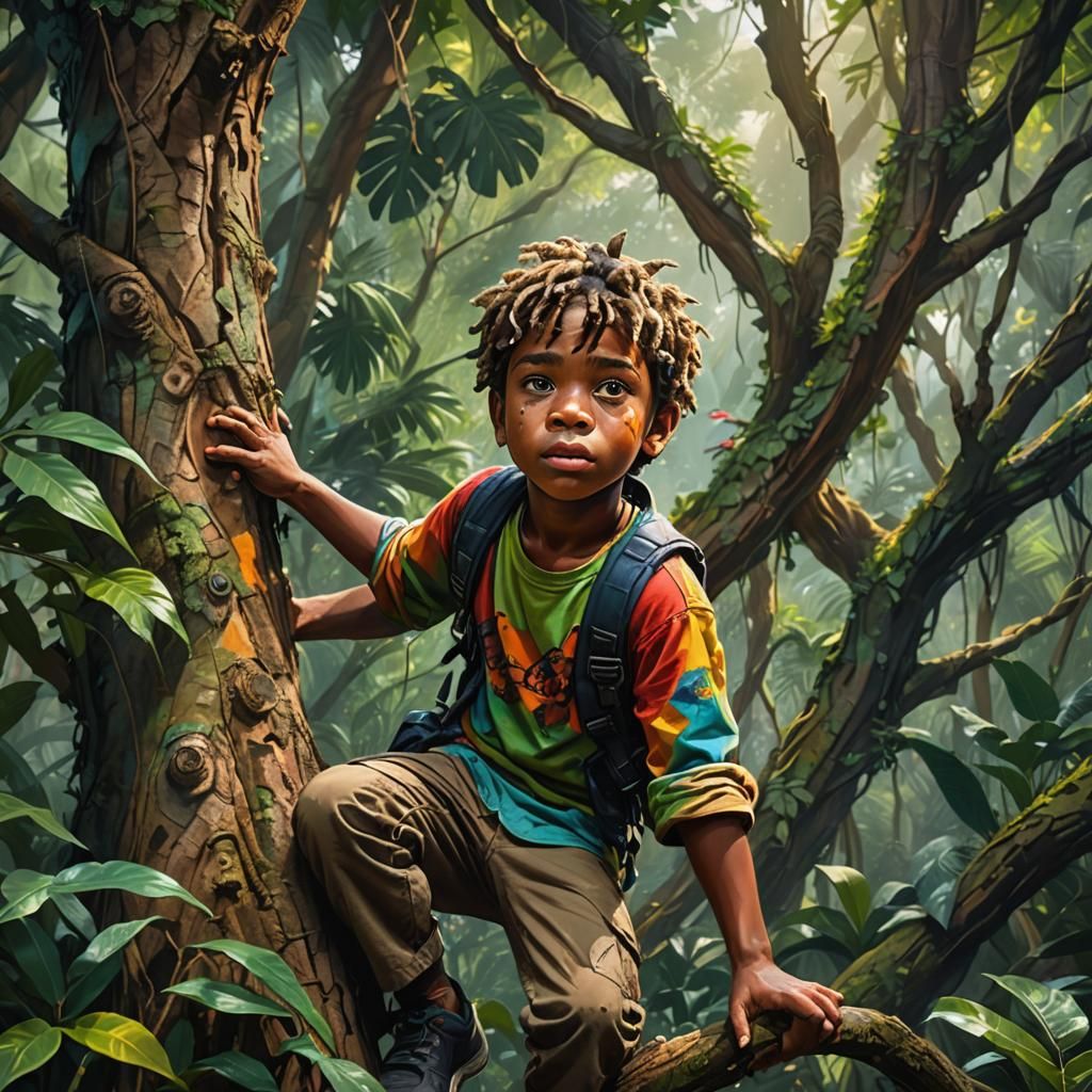 Hyperrealistic Child in Jungle Tree Splash Art
