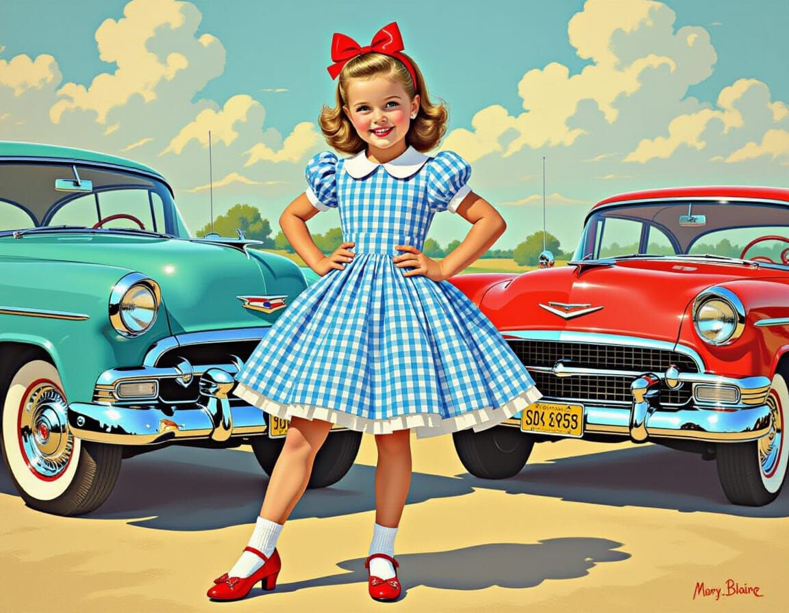 Girl with Vintage Cars in Whimsical Pin-Up Style