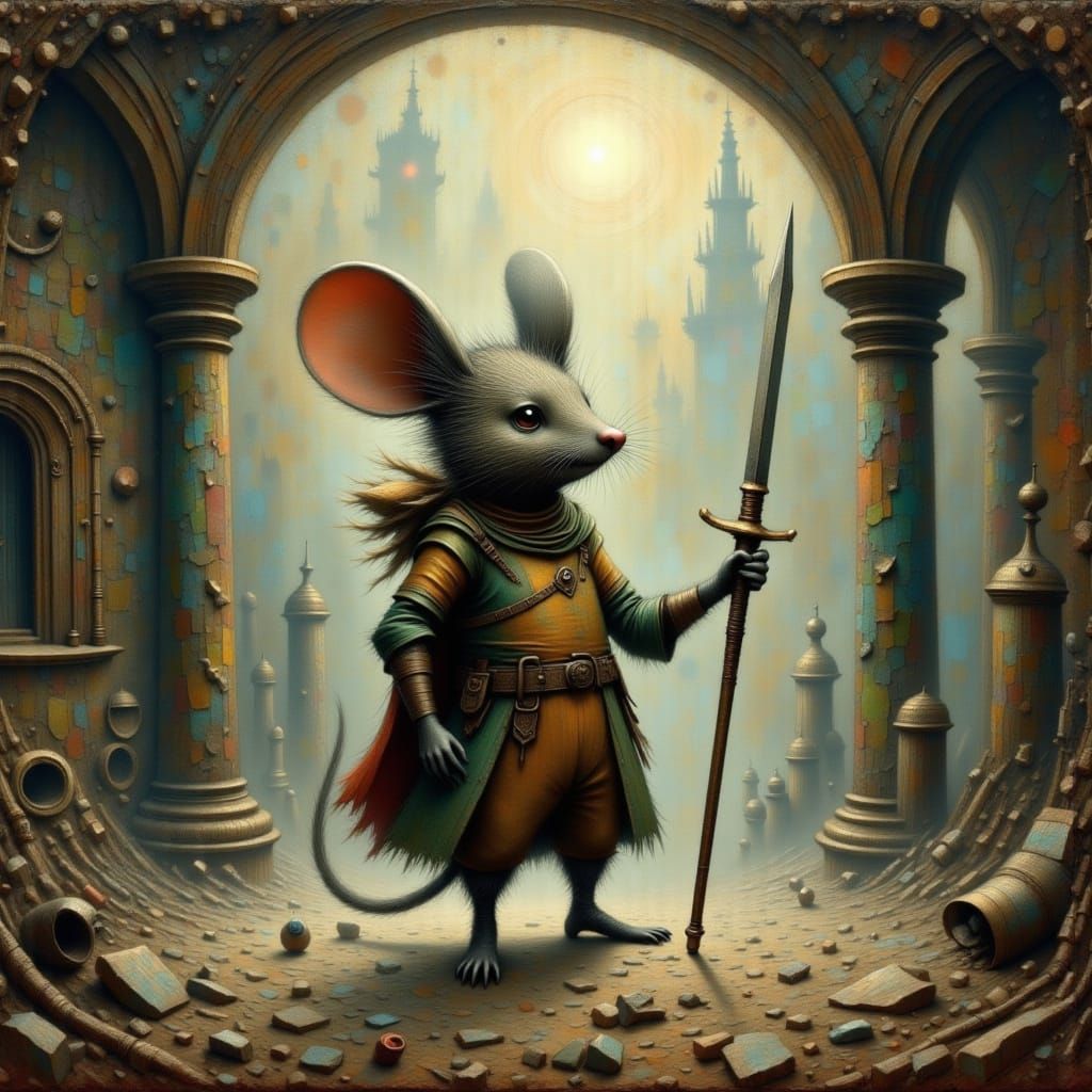 Whimsical Mouse Warrior in Mysterious Temple