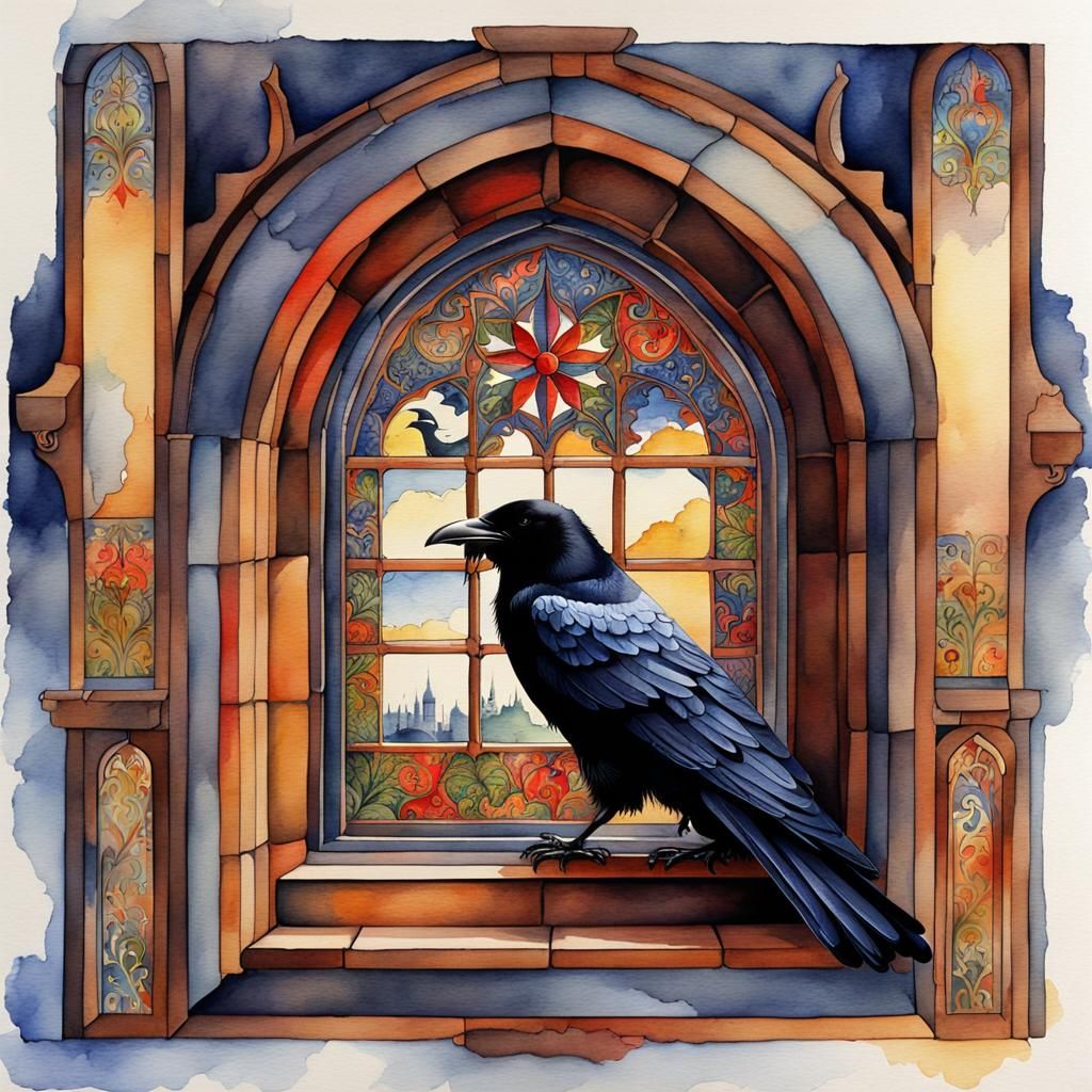 Watercolor Raven in Medieval Window