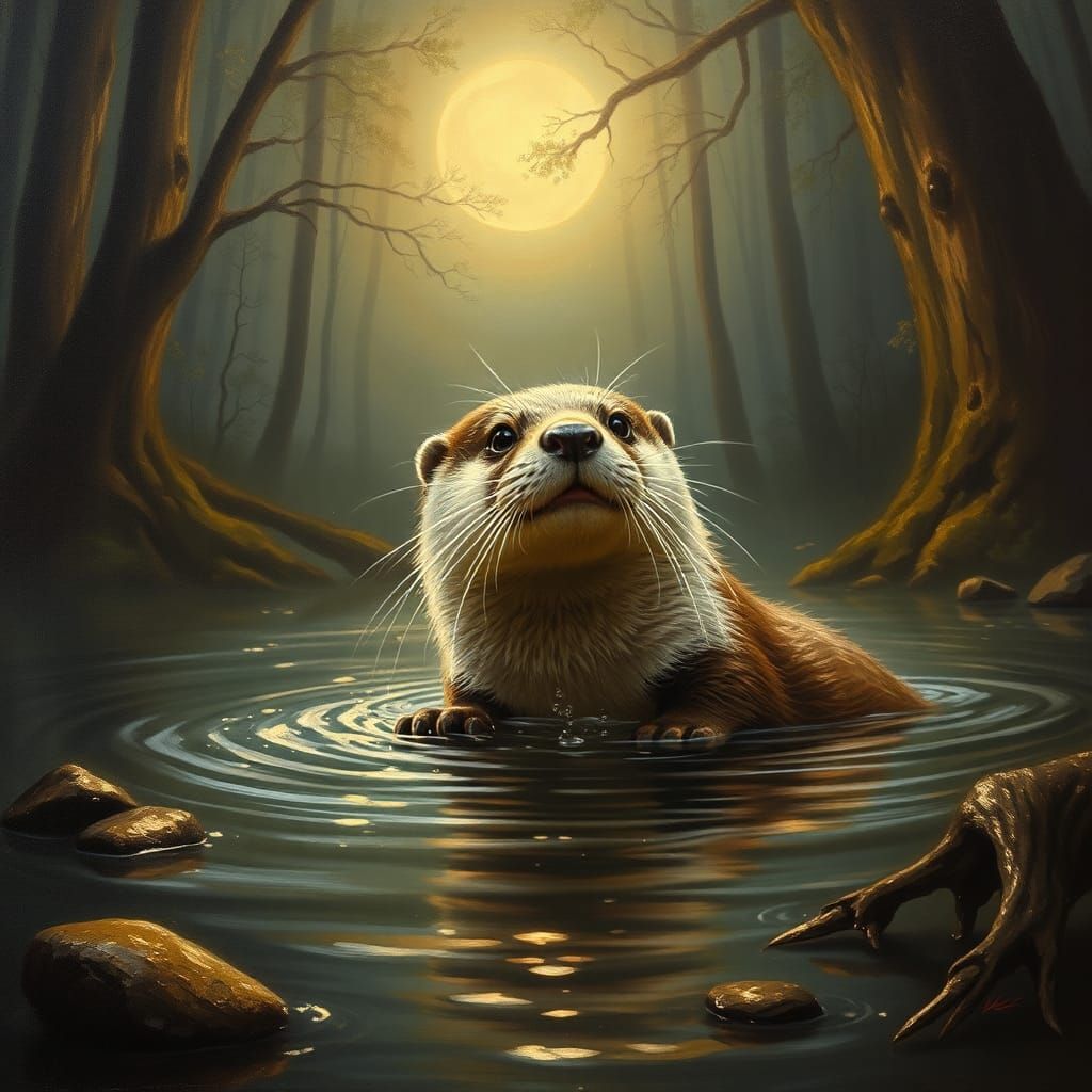Playful Otter in Moonlit Forest: Pre-Raphaelite Oil Painting
