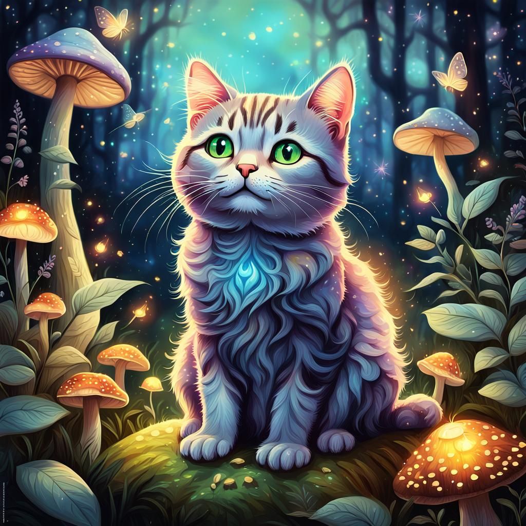 Cute Cat on Mushroom in Whimsical Fantasy Art