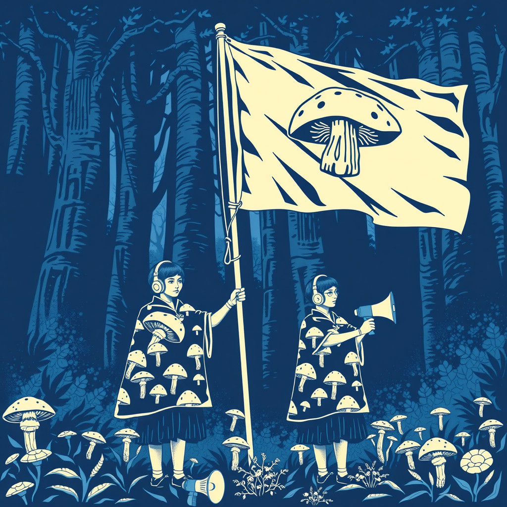 Mushroom Accountants in Mystical Forest, Linocut Style