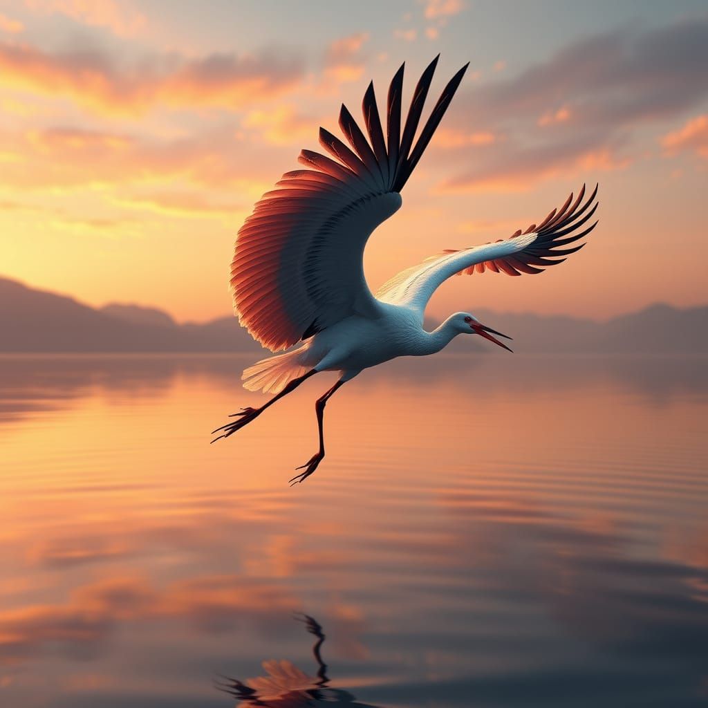 Crane Above Lake at Dusk, in Anime Style