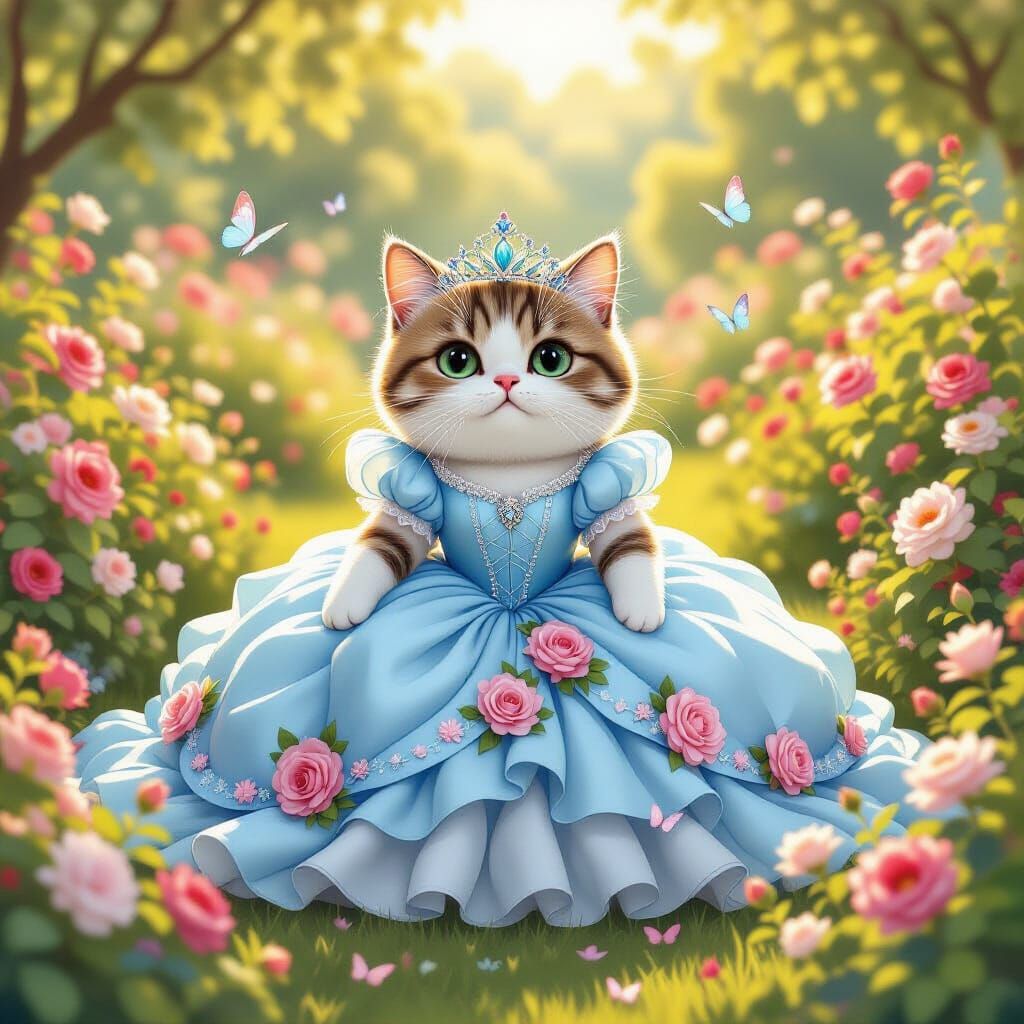 Pusheen Cat in Rose Gown in Enchanted Garden