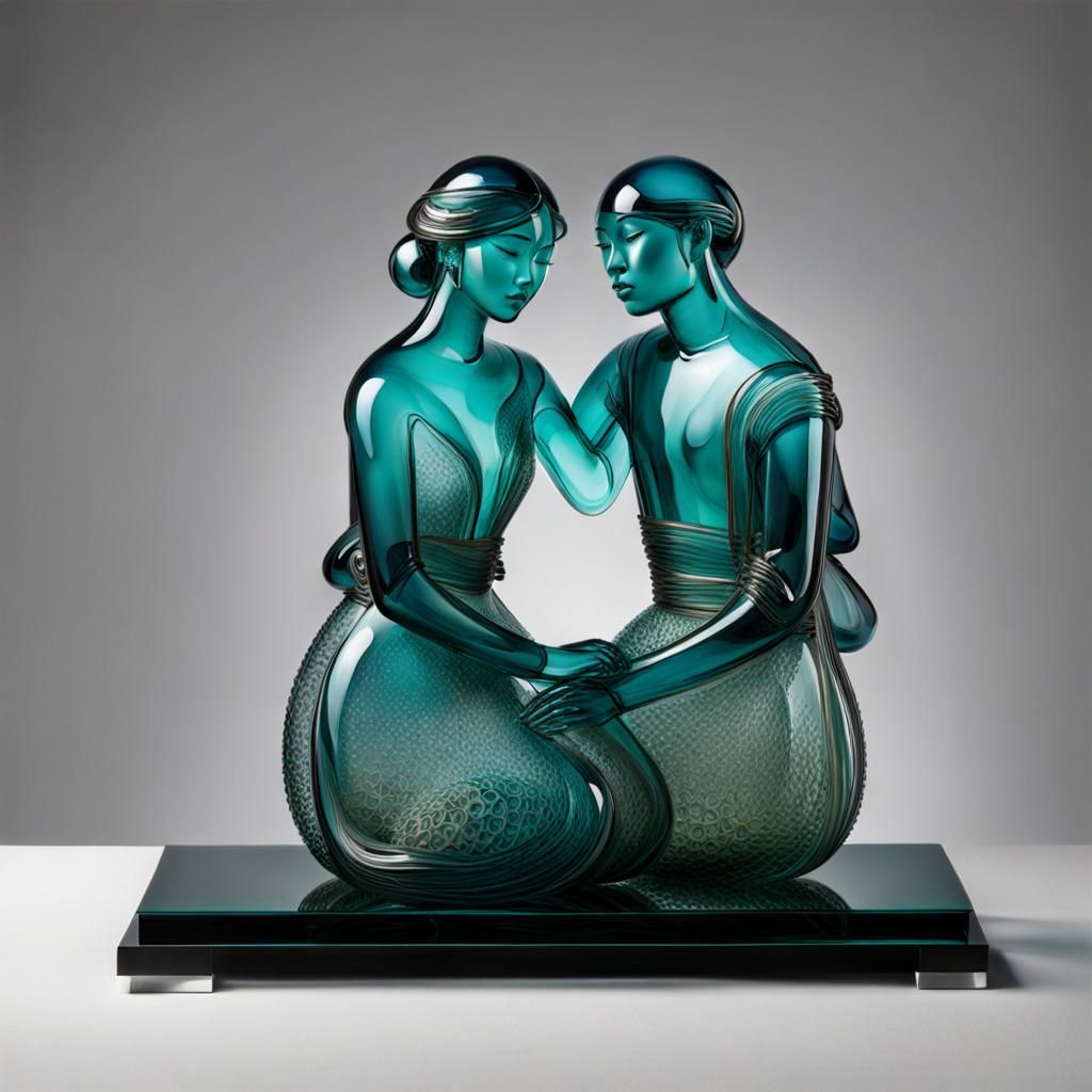 Vietnamese Couple Embrace: Kosta Borda Glass Sculpture
