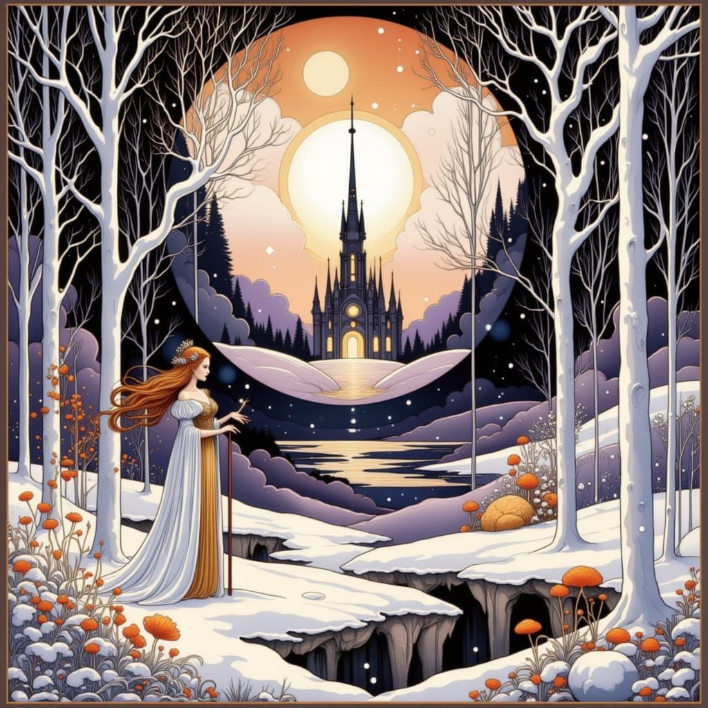 Mystical Winter Landscape Under Starry Night Sky