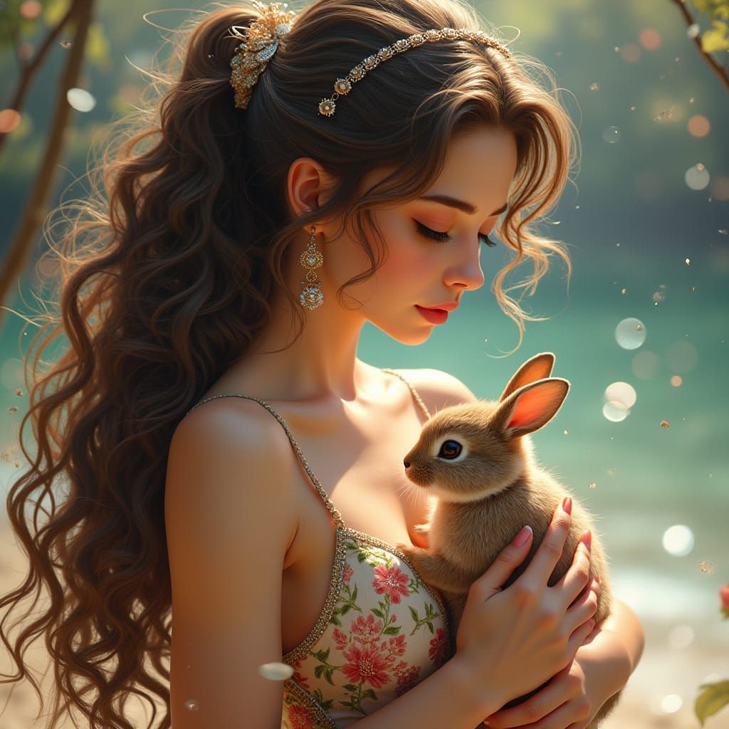 Glamorous Summer Goddess with Rabbit
