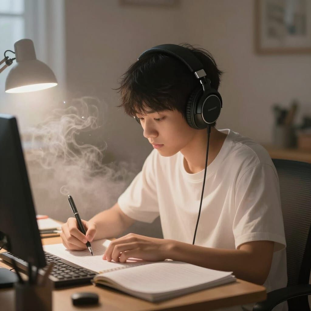 Lo-Fi Study Scene with Person in Headphones