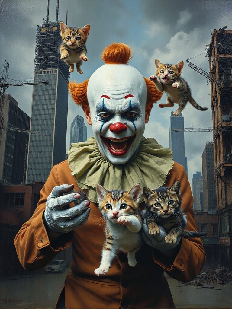 Distraught Clown Juggles Kittens in Dystopian Cityscape, Oil...