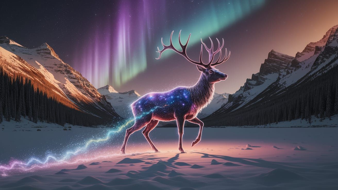 Cosmic Stardust Deer in Snowy Alps with Aurora