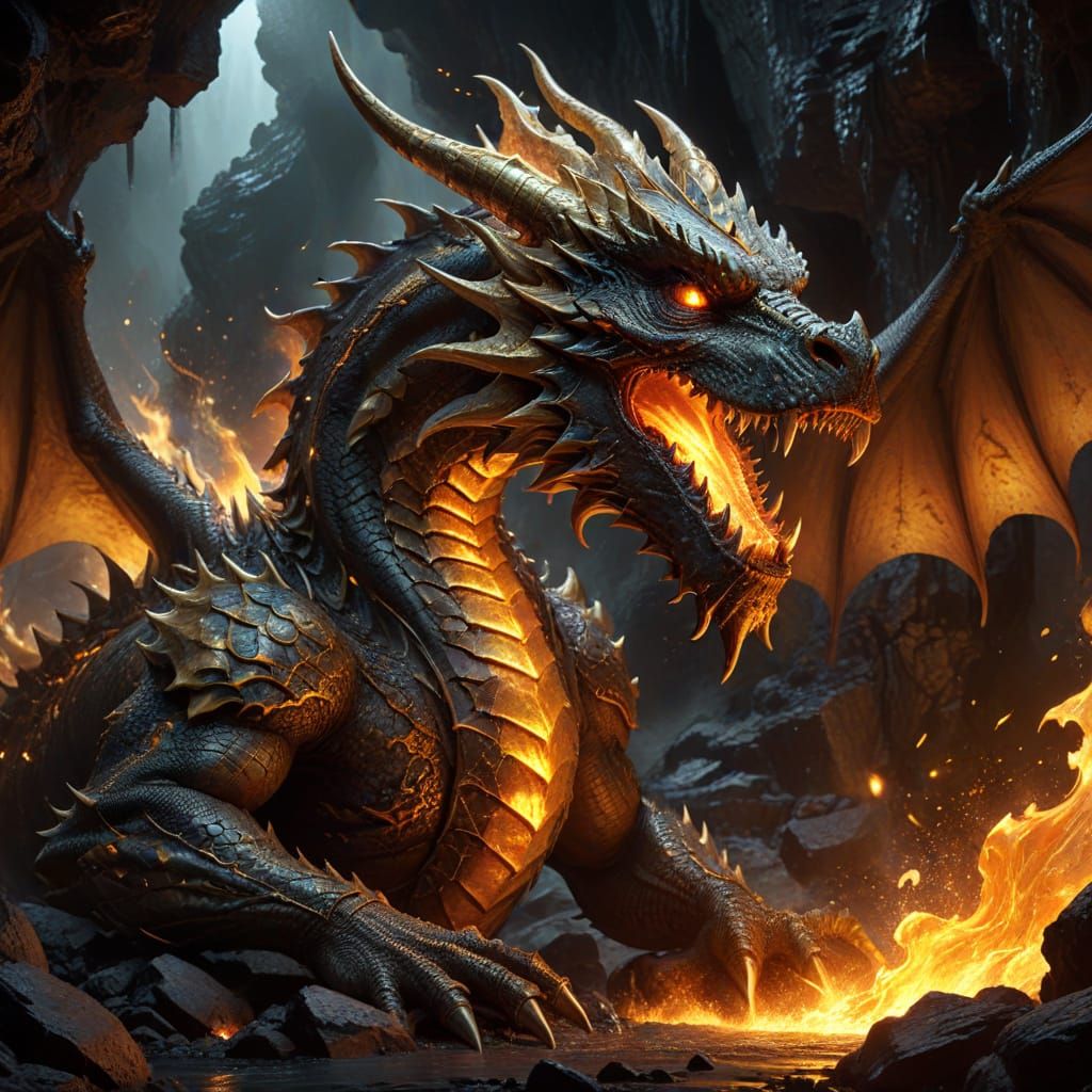 Majestic Molten Gold Dragon in Fiery Cavern