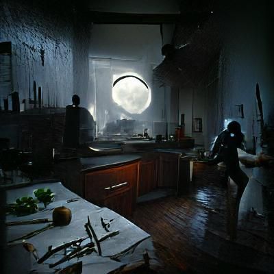 Dark Kitchen Scene: Woman, Man, Knife, Moonlight
