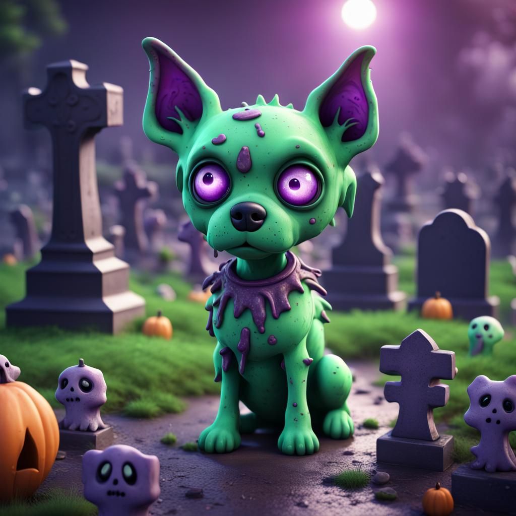 Kawaii Zombie Dog in Spooky Cemetery
