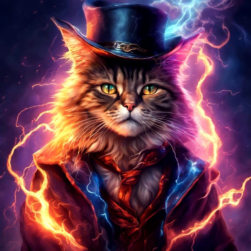 Mystical Magician Cat with Lightning in Neon Colors