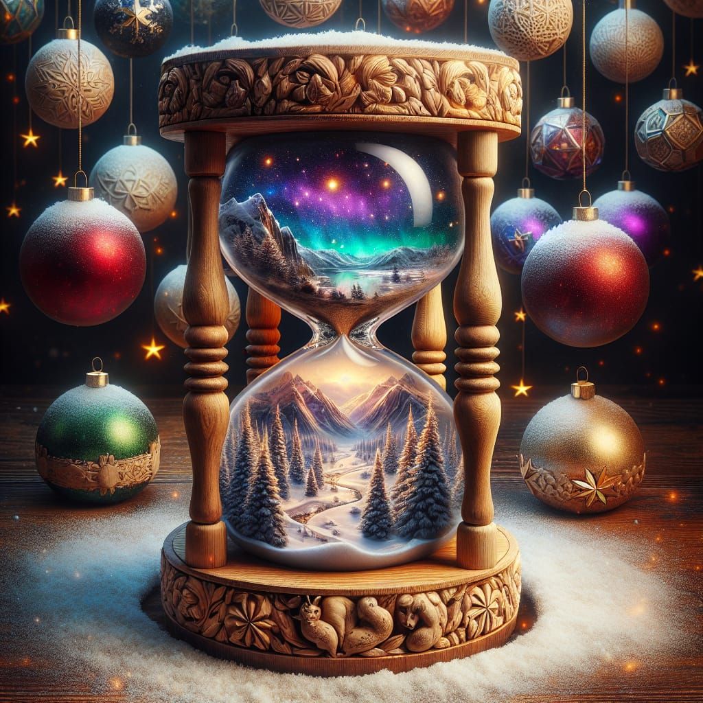 Enchanted Wooden Hourglass Scene with Vibrant Winter Wonderl...