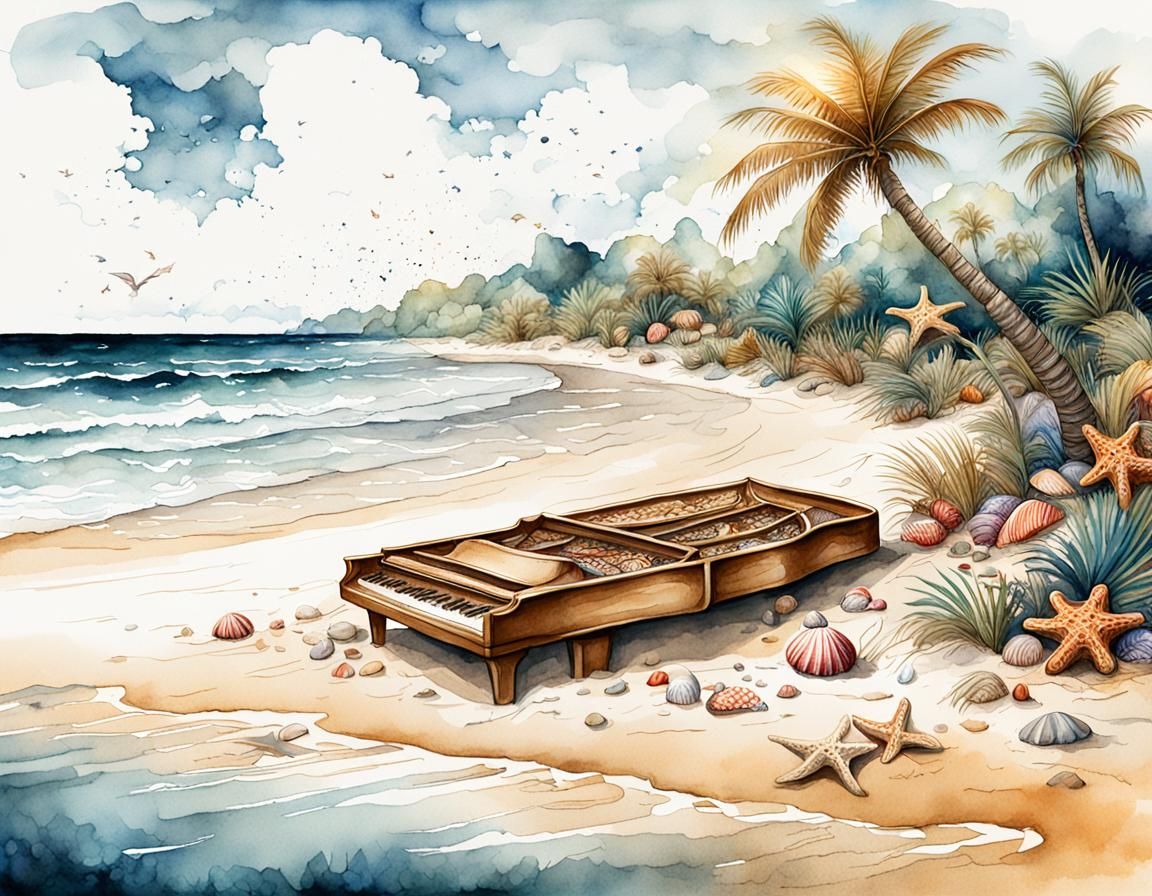 Paradise Beach Piano in Watercolor Fantasy Art