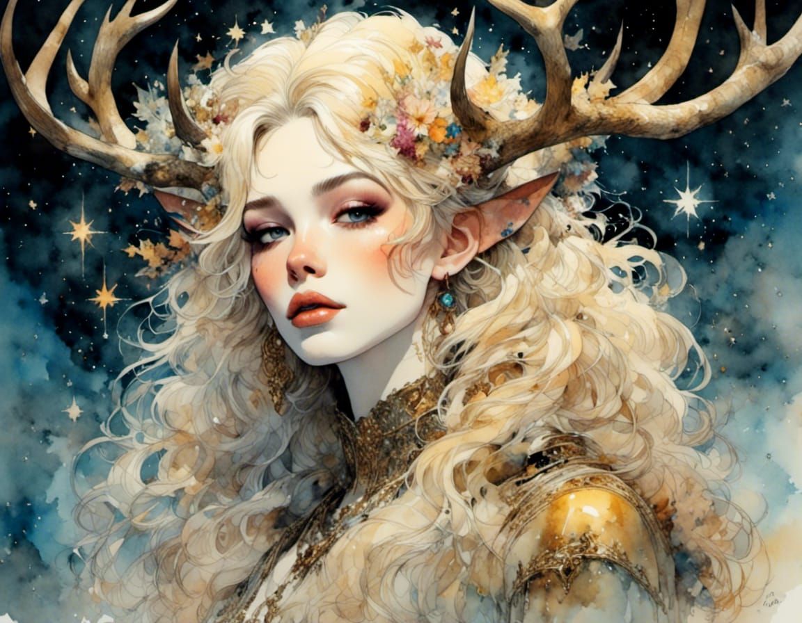 Woman with Antlers Under Starry Sky in Comic Style