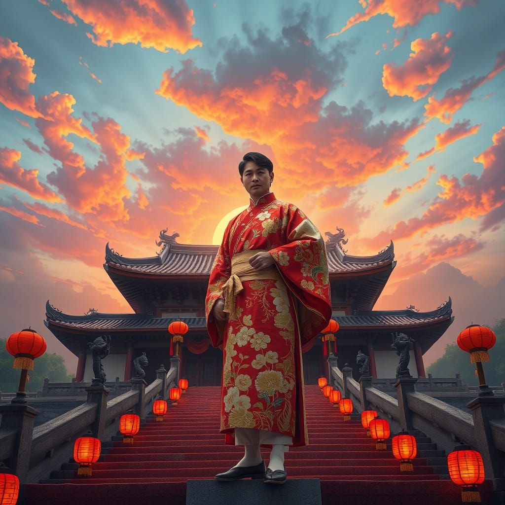 Elegant Asian Man in Traditional Kimono at Sunset Temple