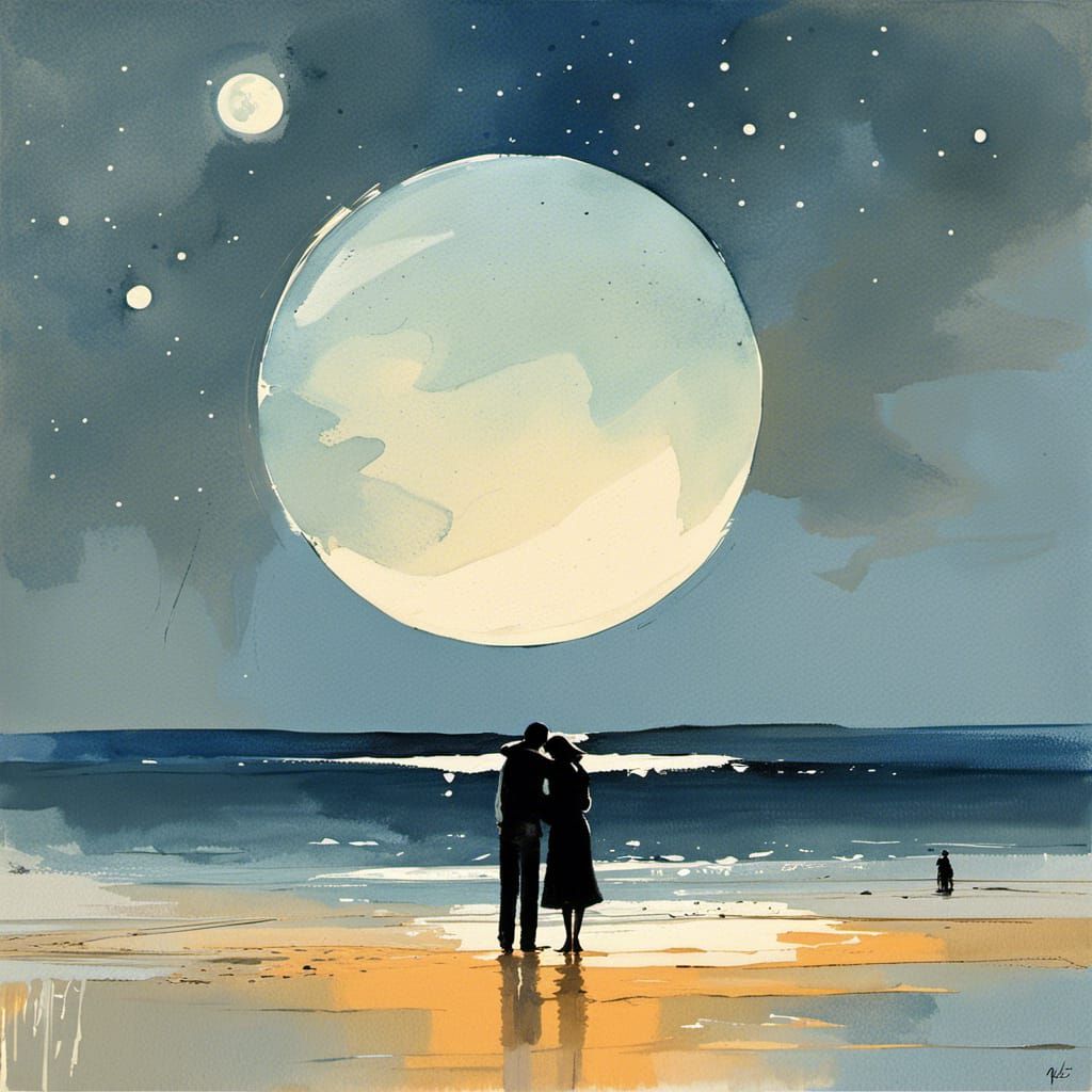 Lovers Embrace on Beach in Gouache Watercolor Style
