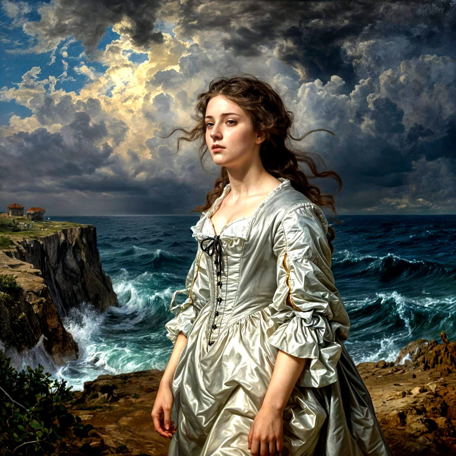 Young Woman in 18th Century Gown on Windswept Cliff
