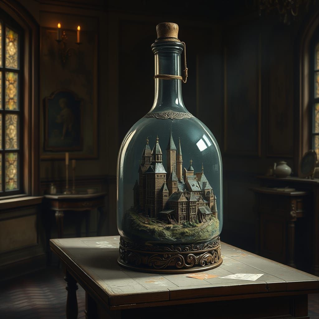 Medieval Town in an Ornate Glass Bottle, Reminiscent of Chia...