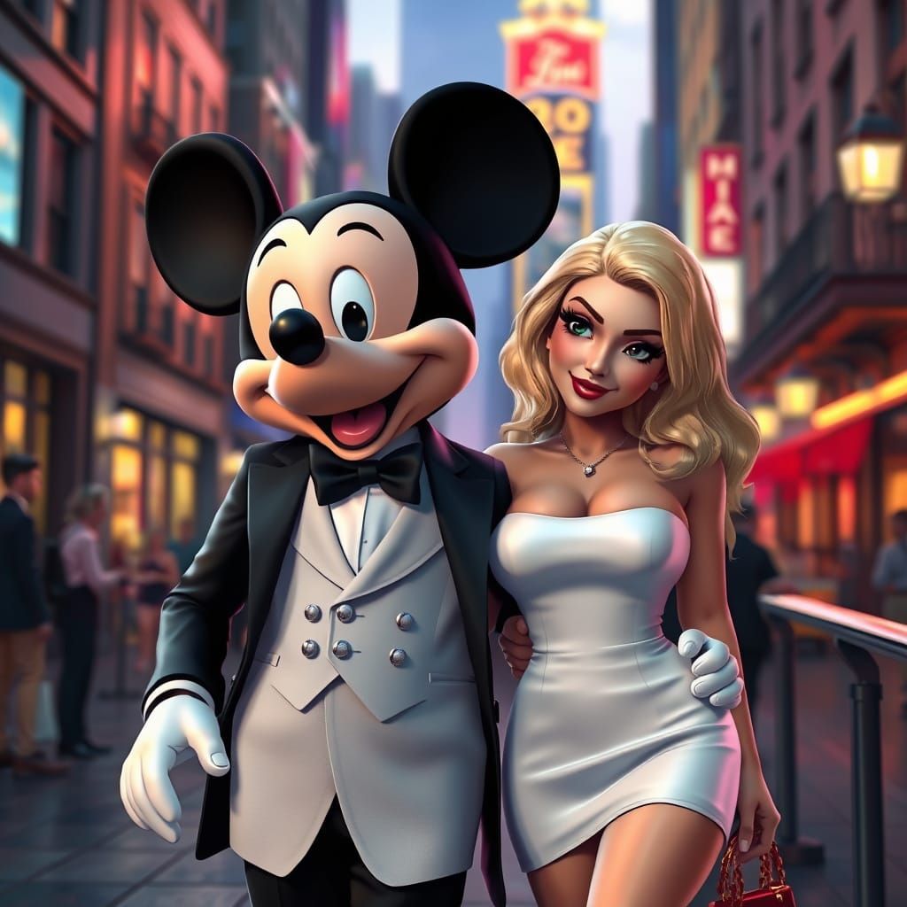 Mickey Mouse and Blonde Woman in Cityscape, 3D Art
