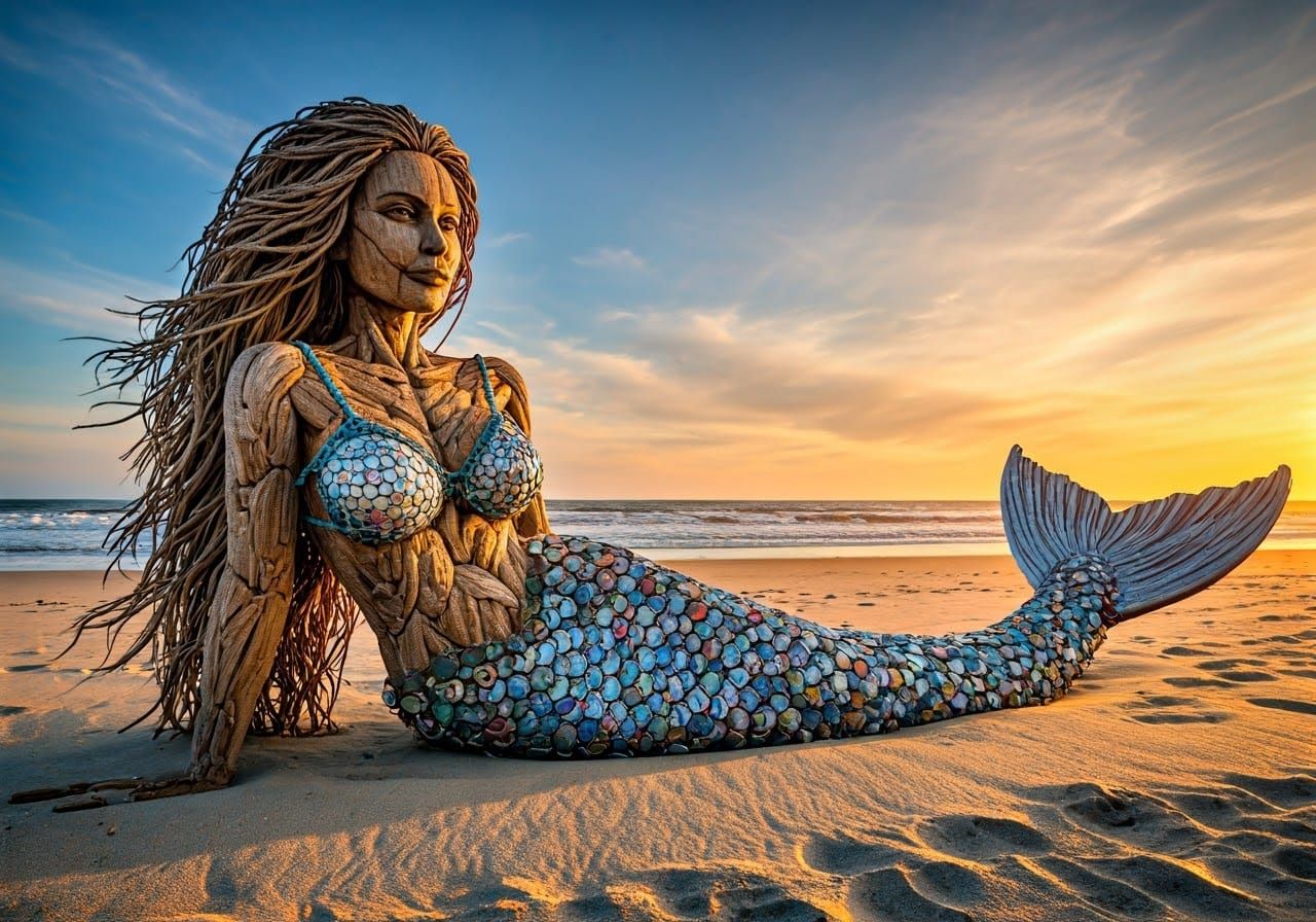 Weathered Mermaid Sculpture Blends with Beach Landscape