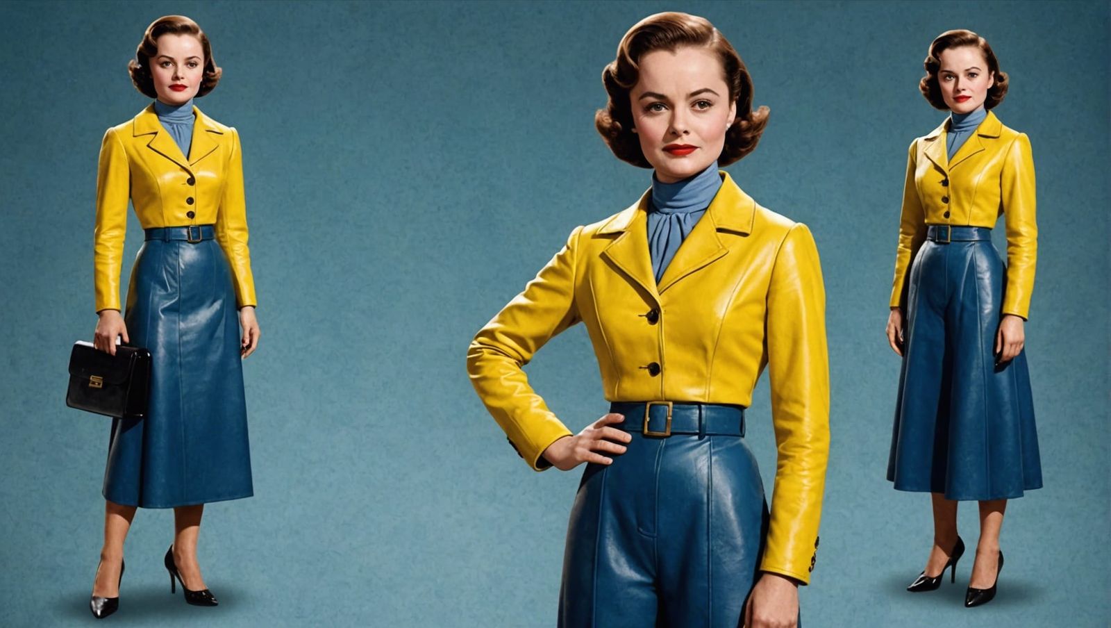 Young Woman in Blue and Yellow Leather Outfit