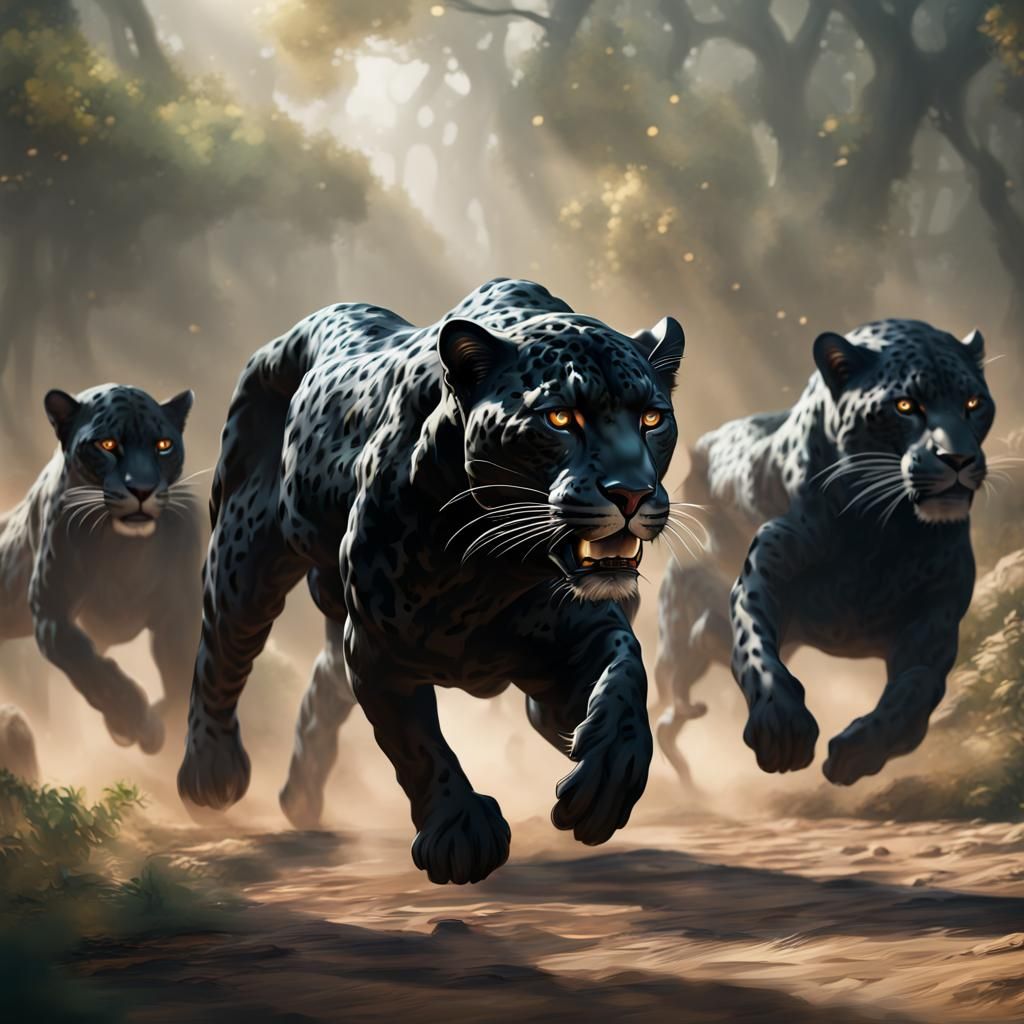 Black Jaguar Herd Runs: Detailed Matte Painting