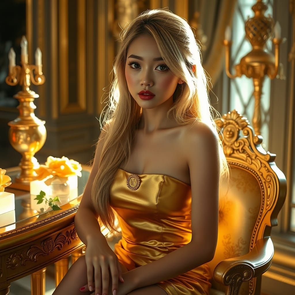 Japanese Woman in Gold Dress on Gold Bars