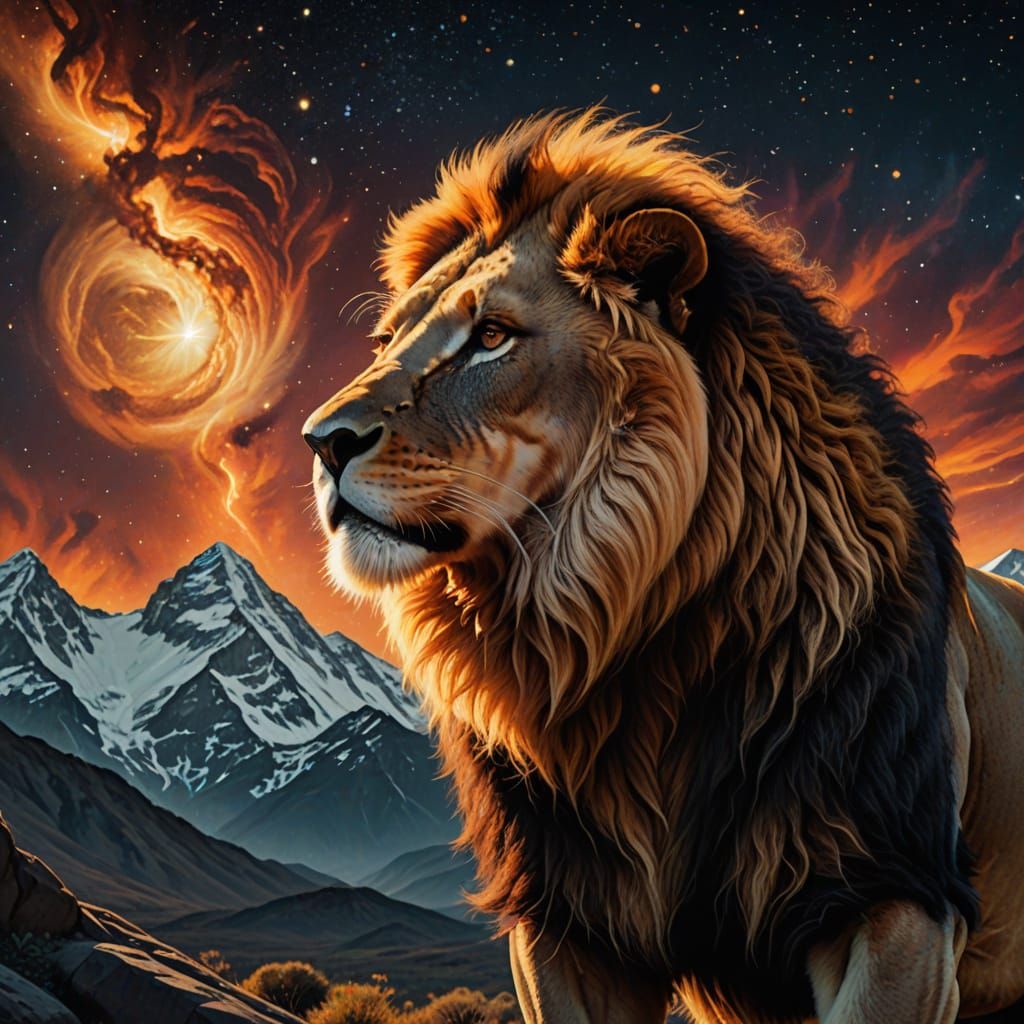 Golden Lion of Cosmic Wisdom in Vibrant Celestial Beauty