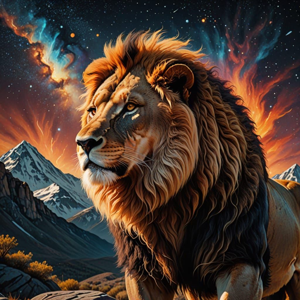 Luminous Lion of Cosmic Wisdom in Vibrant Golden Hues