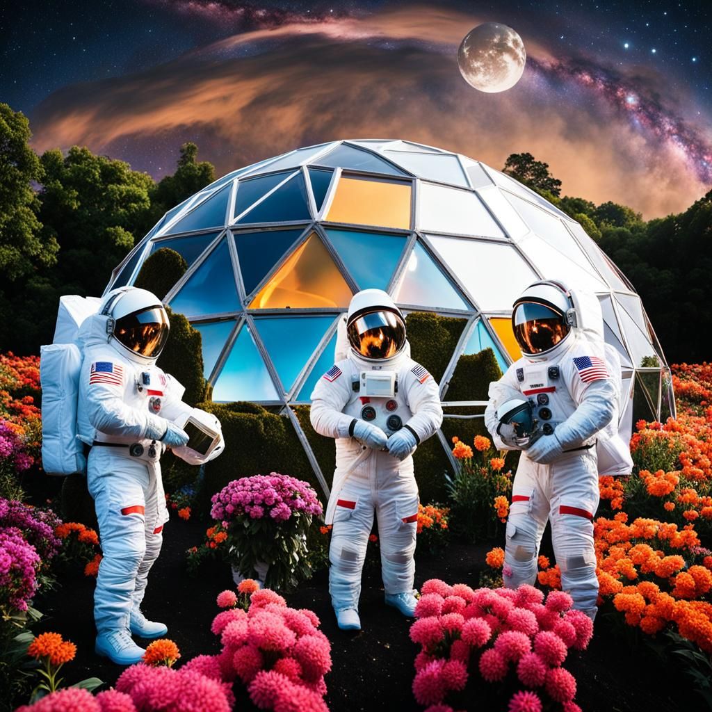 Astronauts Tend Lunar Flowers in Geodesic Dome
